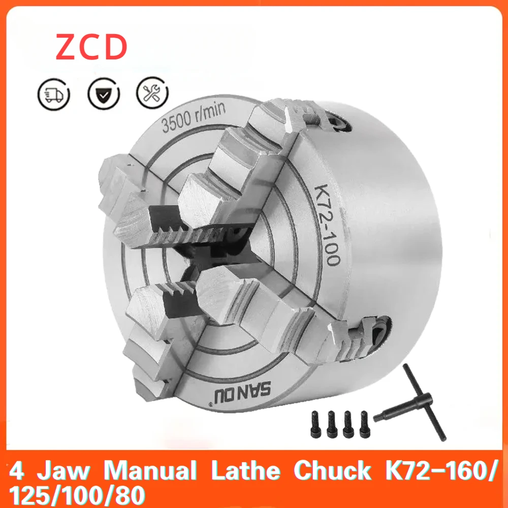 

ZCD 4 Jaw Manual Lathe Chuck 125mm K72-100 K72-125 Independent Reversible W/ 4PCS Mounting Screw for Wood Turning CNC Drilling