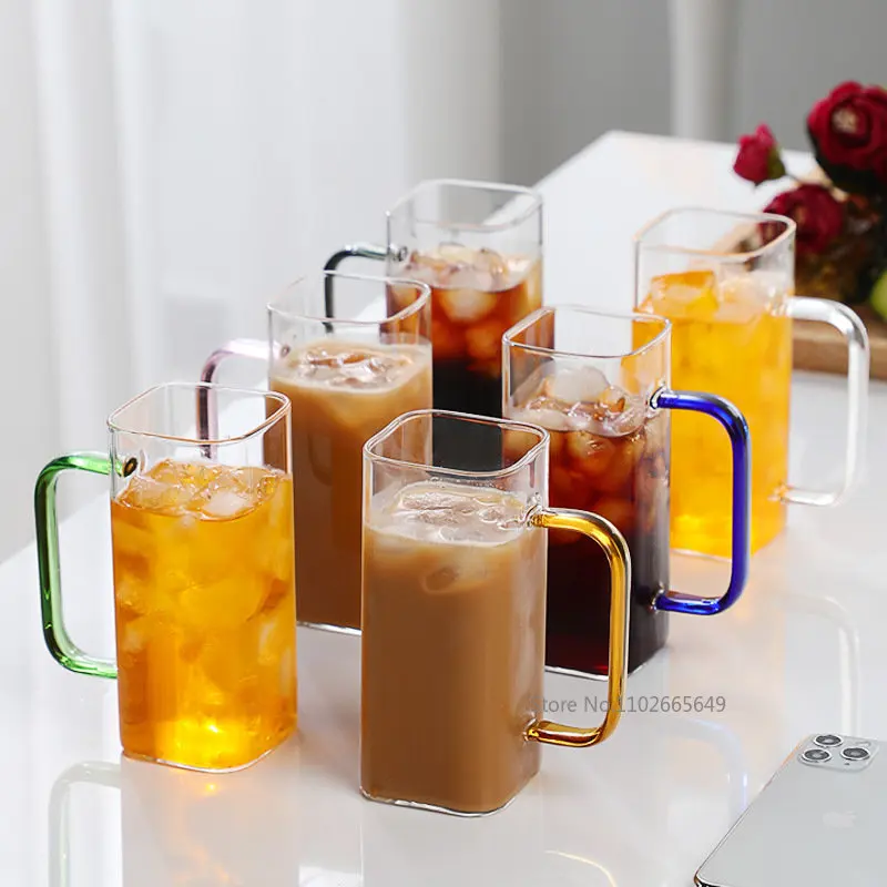 400ML Square Mug With Lids and Straws Single Colored Handle Layer Drinking  Glass Cups For Soda Iced Coffee Milk Bubble Tea A2W7