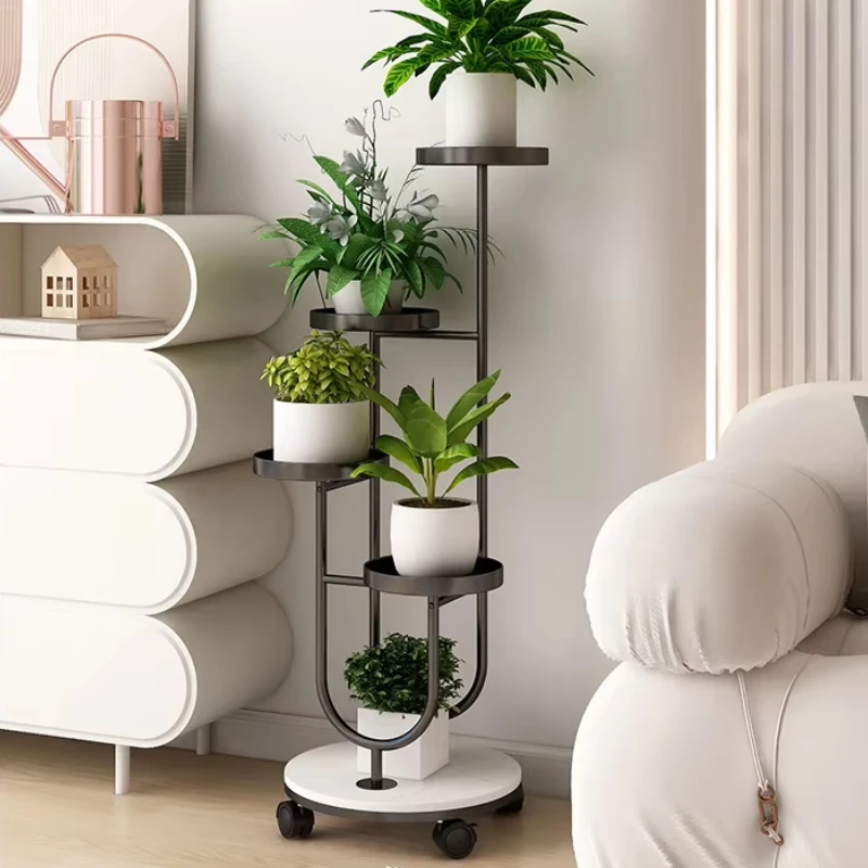 High-End Steel Plant Stand with Rock Slabs Base Multi-Tier Flower Shelf Plant Holder Stylish Succulent Display Rack with Wheels