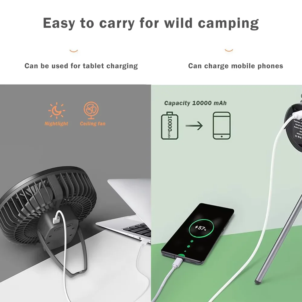 10000mAh 4000mAh Camping Fan Rechargeable Desktop Portable Circulator Wireless Ceiling Fan with Power Bank LED Lighting Tripod