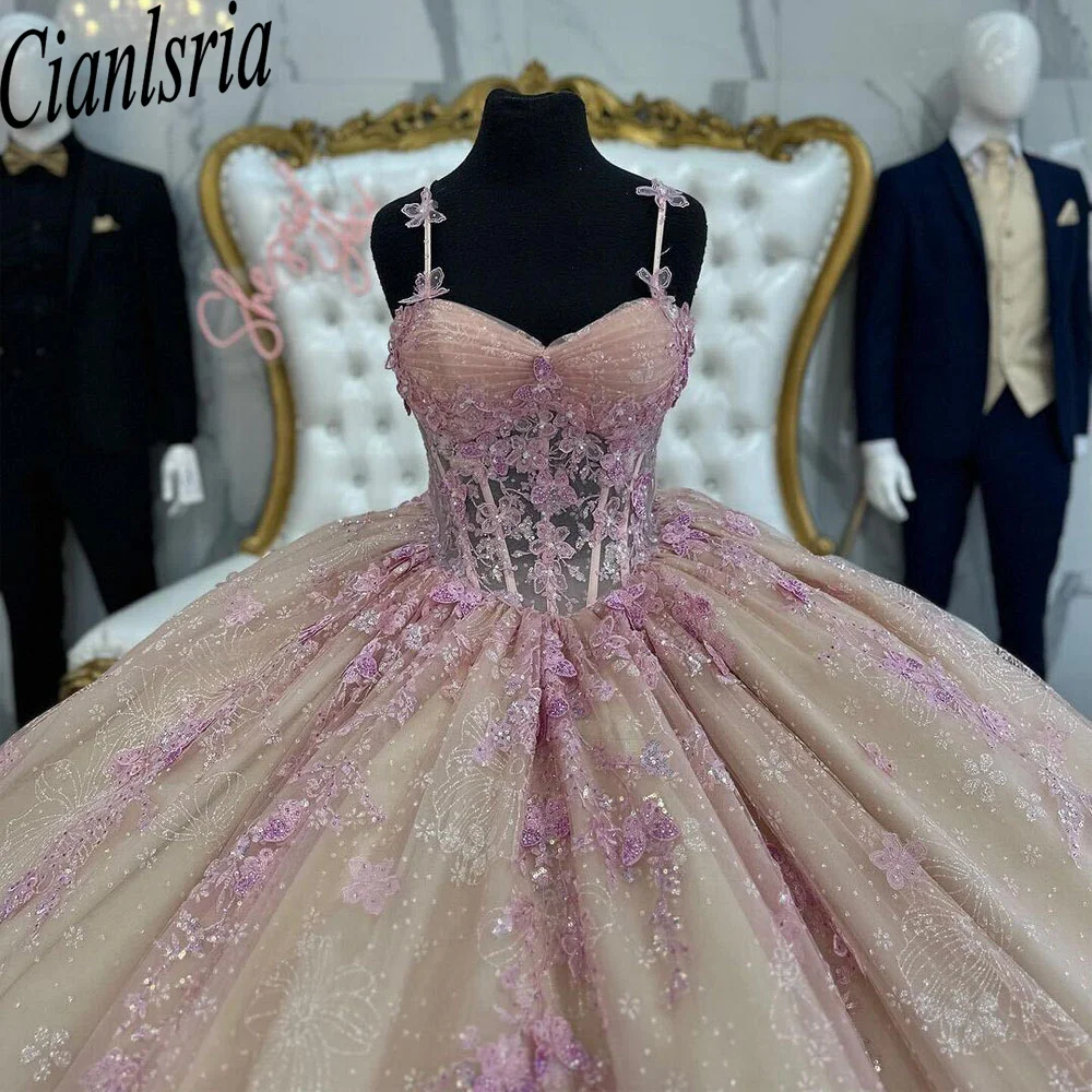 

Pink Quinceanera Dress Spaghetti Applique Crystal Beads Corset Ball Gown Sweet 16 Dress Vestidos De XV Anos