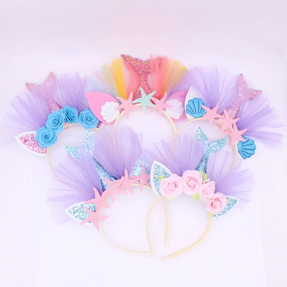 

New Children's Headwear Fashion Gold Powder Mermaid Hair Hoop Beach Theme Party Series Hair Accessories Baby Girls Headdress