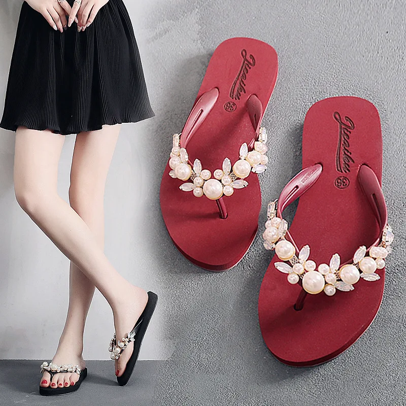 

Flat Shoes Female Slippers Women Summer Pantofle String Bead Rubber Flip Flops Slides Fashion Low 2024 Hawaiian Luxury Glitter C