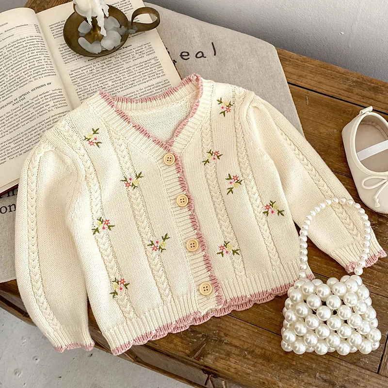 

Осенне-зимний вязаный кардиган для маленьких девочек с длинными рукавами и цветочной вышивкой, свитер для маленьких девочек, пальто, детская одежда