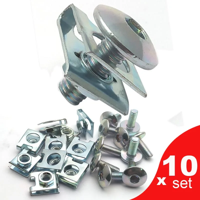 Pack of 10 Set M6 Sliver Motorcycle Scooter ATV Moped Plastic Cover Screw Bolt and U Type Clips with Nut 6mm M6X16 12 20 25 mm