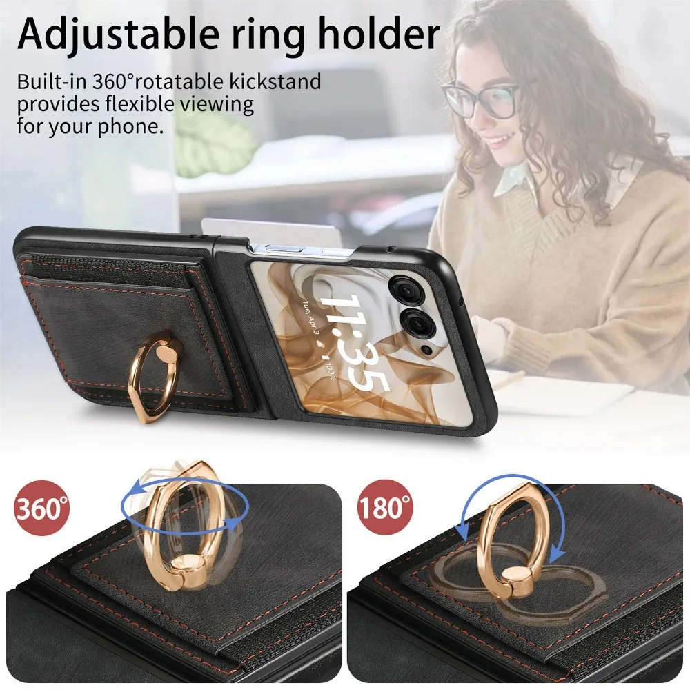 Premium Retro Plain PU Leather Wallet Phone Case with Card Slot and Ring Bracket - Shockproof Cover