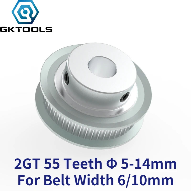 

GKTOOLS 55 Teeth 2GT Timing Pulley Bore 5/6/6.35/7/8/10/12/12.7/14mm for GT2 Open Synchronous belt width 6/10mm wheel