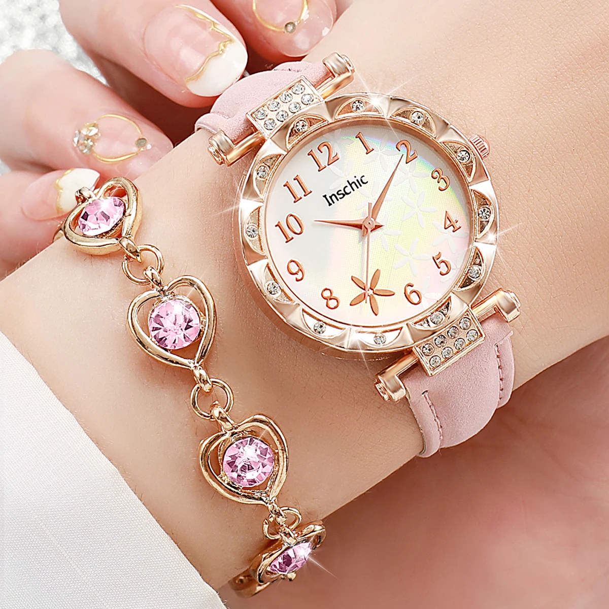 6pcs/Set Women's Flower Quartz Skin Leather Watch Strap Jewelry Set