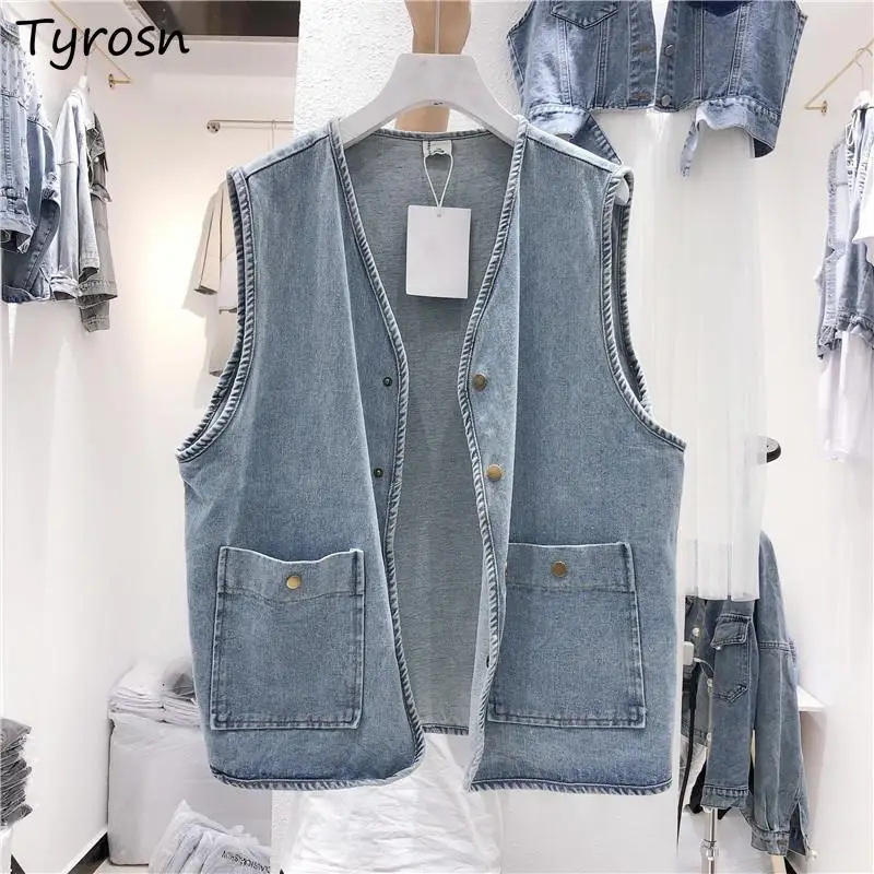 

Denim Vests Women Vintage Cargo Outwear Sleeveless Chic Streetwear Classic Loose Casual Teens Japanese Style Personality Tender