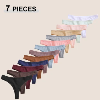 7Pcs/Set Cotton Thread Thongs Underwear Seamless Breathable Bikini T-Back G-Strings Panties Female Low Waist Sexy Lingerie S-XL
