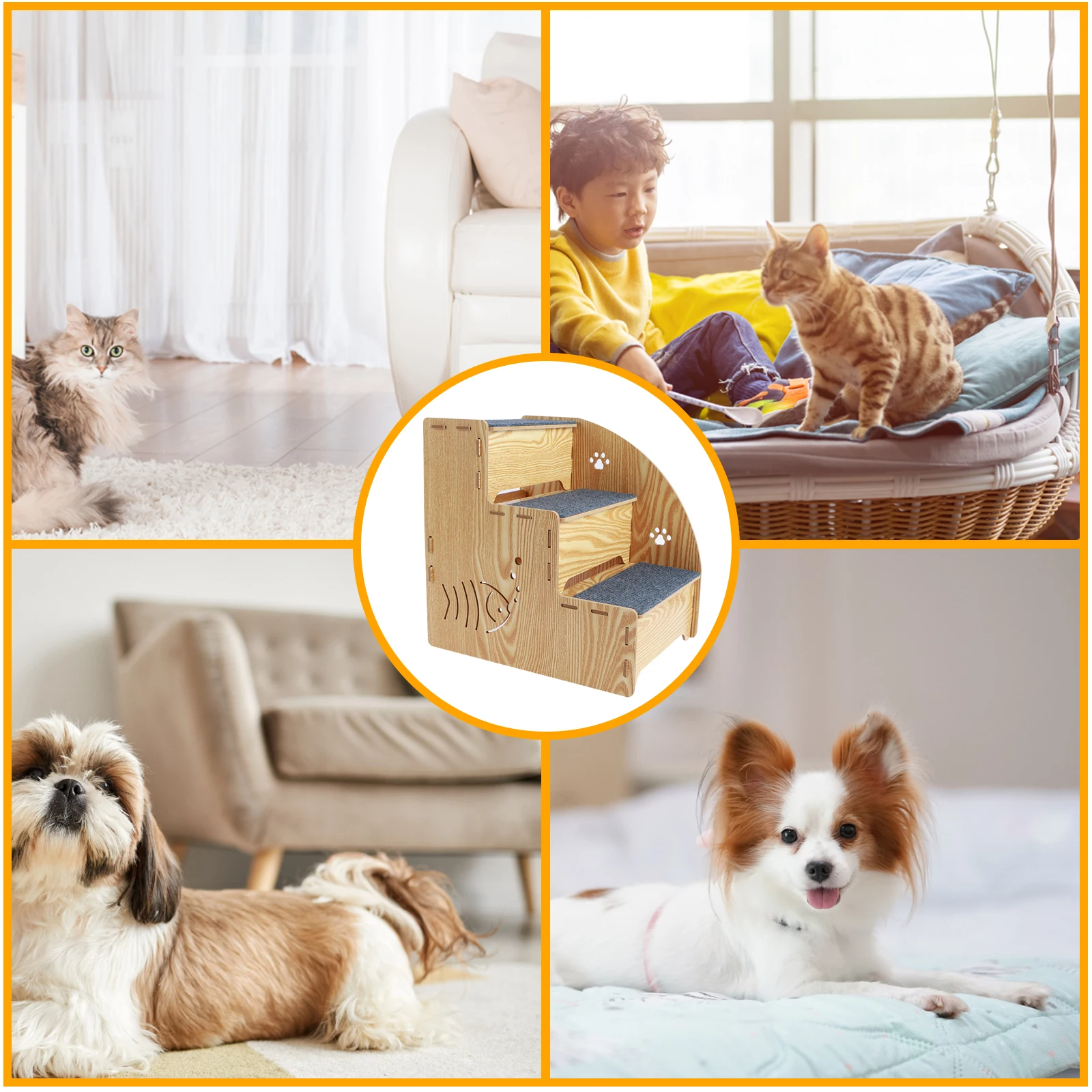 Wooden Dog Stairs for Small Dogs 14 Inches High 3 Steps Pet Stairs for Bed Couch Non-Slip Balanced Cat Ramp to Get On Bed Doggy
