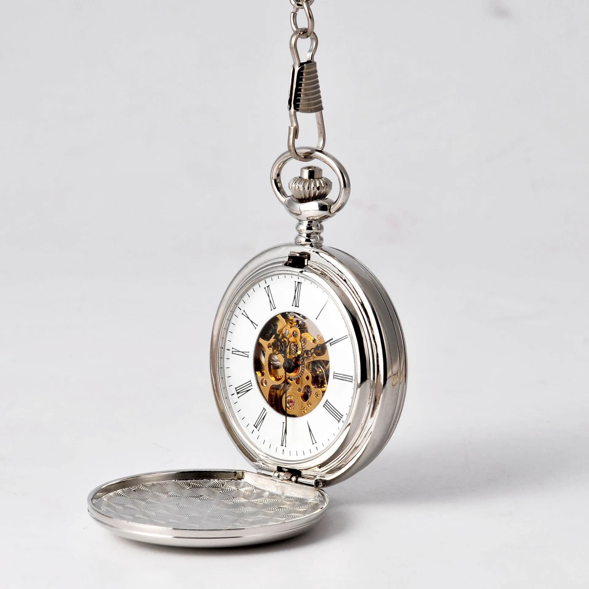 5 Pieces Luxury Vintage Gold Mechanical Pocket Watch for Men Male Golden Engrave Case Roman Numeral Dial Man Fob Chain Man Clock