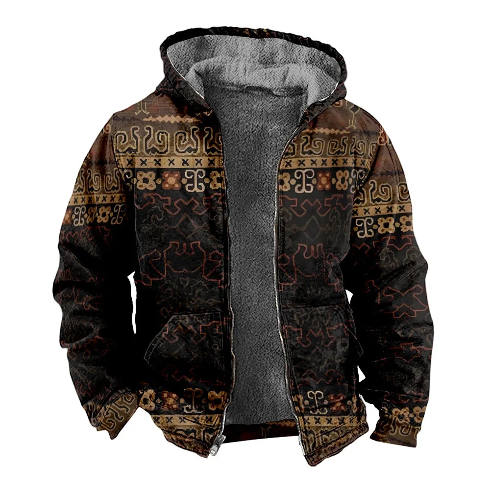 New Bohemian style cotton clothes with hats, casual printed long sleeved zippered sweaters, thick cotton clothes, winter wear