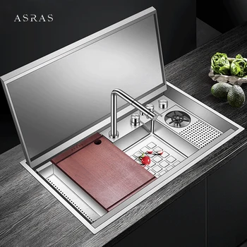 SUS 304 สแตนเลสซ่อนอ่างล้างจานเดี่ยวฝาครอบอ่างล้างจานถ้วย Rinser Handmade Brushed Stepped อ่างล้างจาน 1