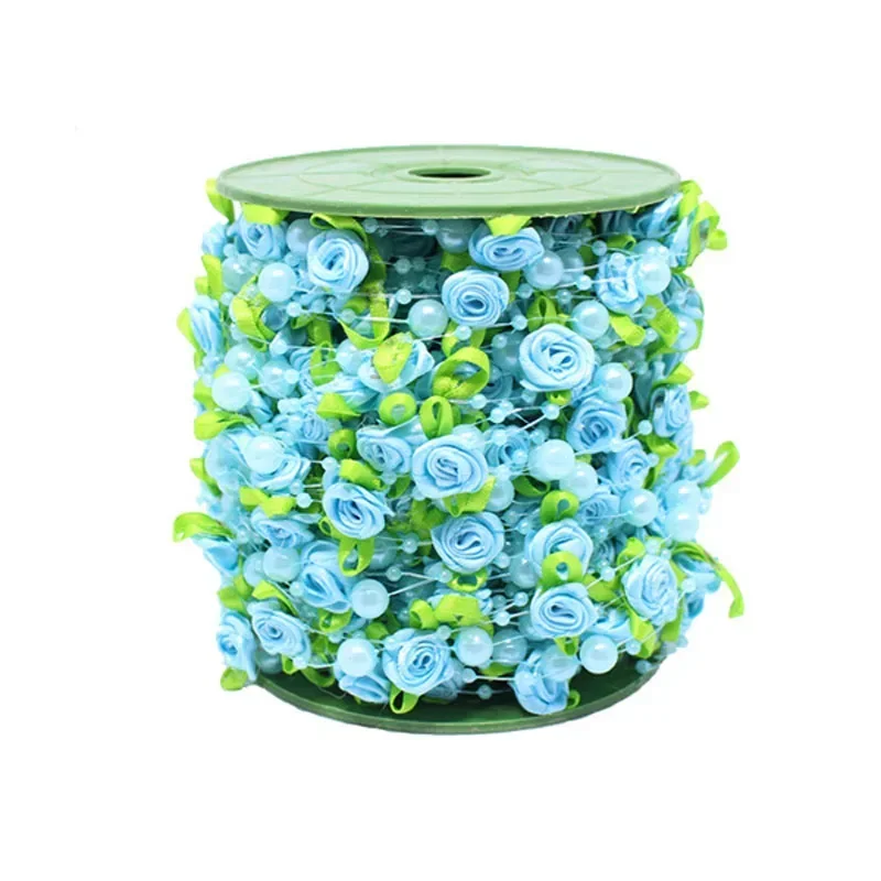 핑크 장미 진주 잎 스트링 구슬 화환 리본, 웨딩 파티 홈 공예 장식, DIY 액세서리 선물 포장, 2M