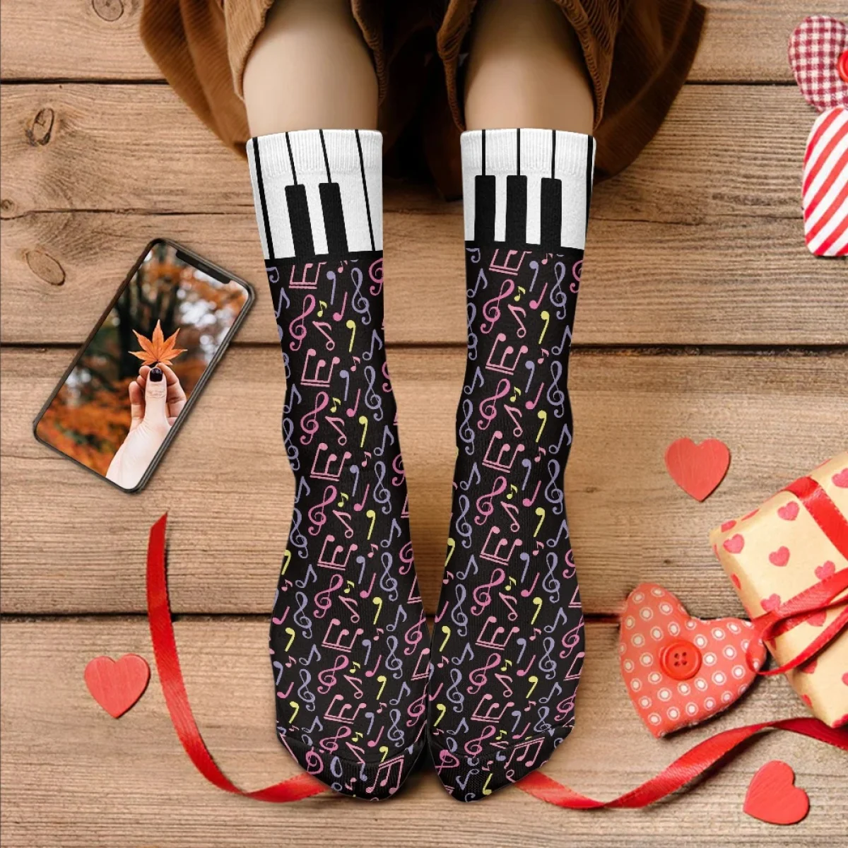 

Black White Piano Notes Pattern Basketball Sockings Brand Breathable Dirt Resistant Sweat Absorption Woman Socks Bodysuit Garter