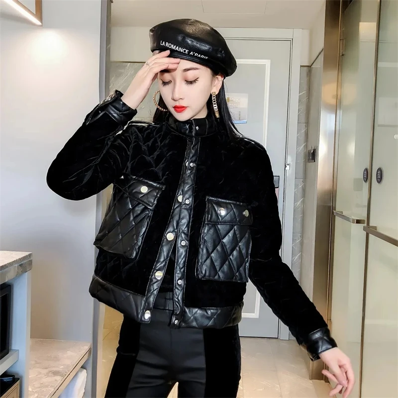 

Black PU Leather Velvet Patchwork Padded Jacket Women 2023 Winter vintage Stand Collar Pocket Parkas Thicken Cropped Cotton Coat