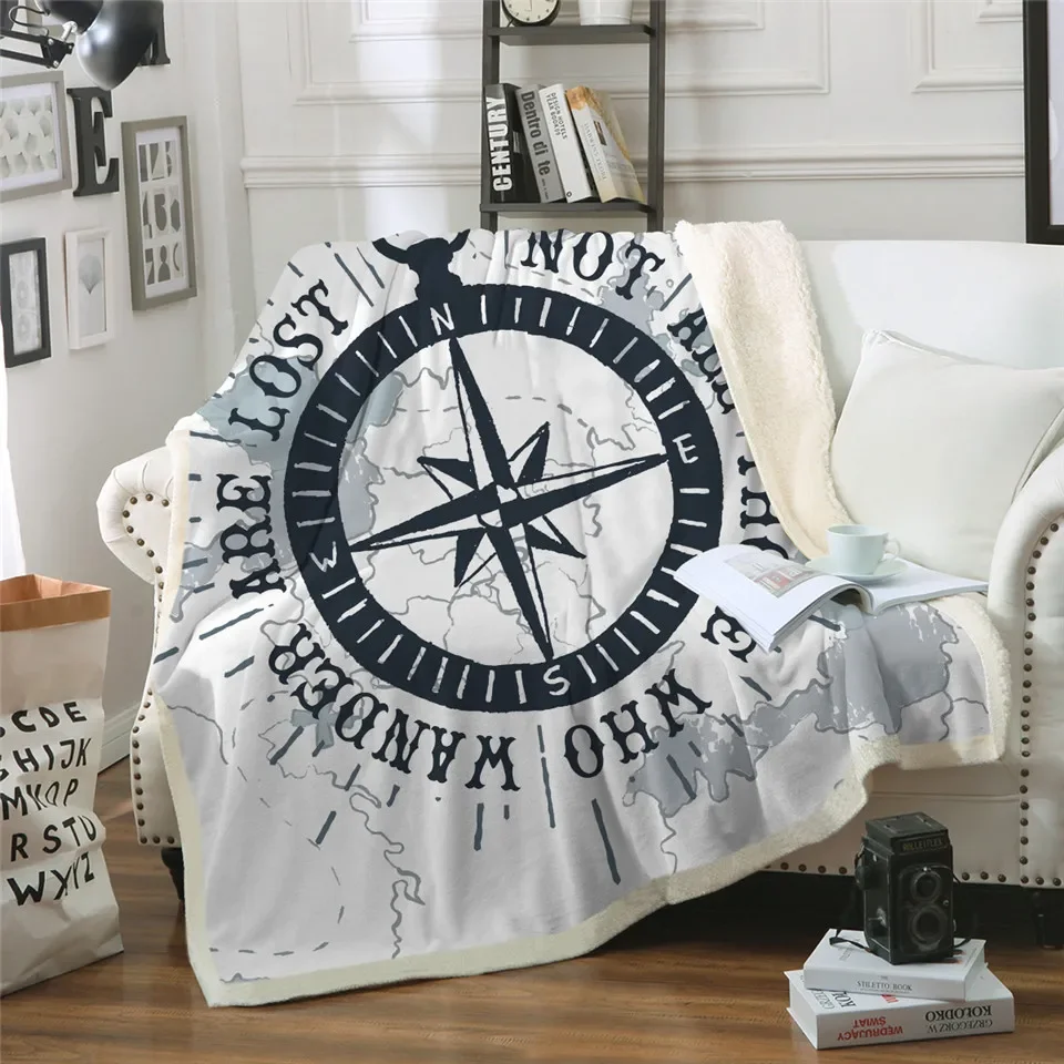 

Compass Sherpa Throw Blanket Nautical Map Cool Bedspread Navy Blue and White Velvet Plush Bed Sofa Blanket 2 Sizes