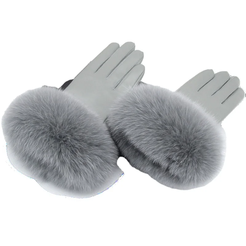 

Women's Autumn and Winter Plus Velvet Padded Warm Outdoor Cold and Windproof Riding Driving Touch Screen Fox Sheepskin Gloves
