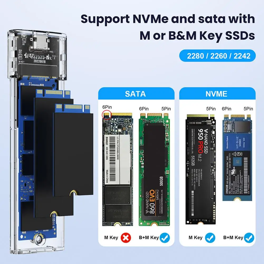 도구 필요 없는 모바일 하드 드라이브 인클로저, 투명한 NVMe10Gb 어댑터, 알루미늄 드라이브 인클로저, 합금 M2 Type-C3.1 스테이트