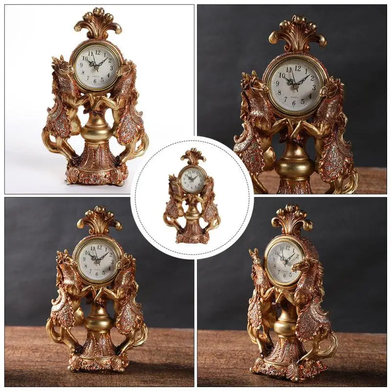 1pc Vintage Dual Horse Clock Adornment European Style Clock Desktop Clock Decoration Home Clock Ornament