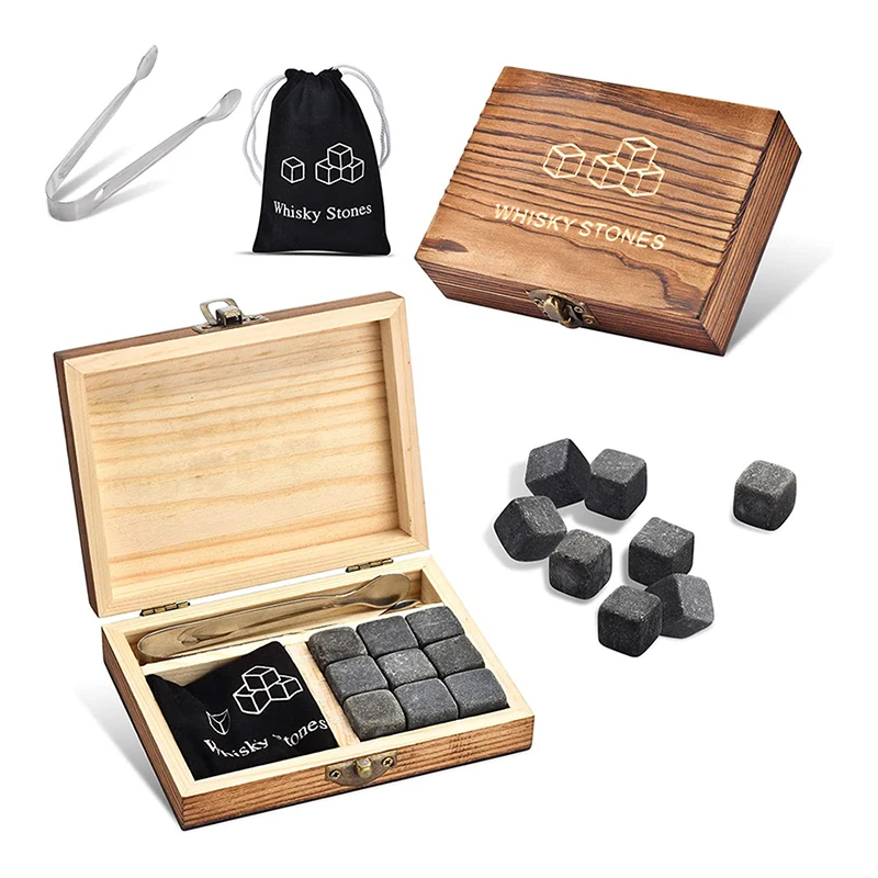 9 PCS Whisky Ice Stones Reusable Ice Cubes Bar Tools Whiskey Cooling Stones Gifts For Whisky Lovers Stone Wooden Box Set