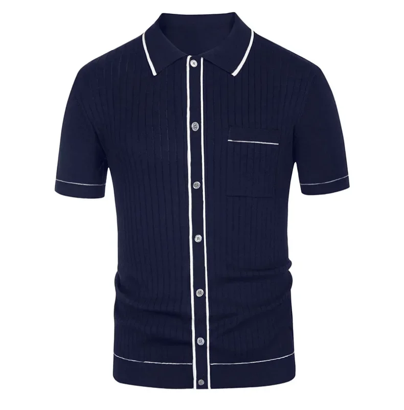 Summer Men's Knitted Jacquard Polo Shirt Fashion Vintage Striped Short Sleeve Lapel T-shirt Man Streetwear Business Casual Tops 17 S2fce9c5ab93748eb99944ebecc53acd1V