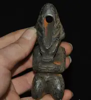 Old China Hongshan culture Old black jade carved kneel Sun God Helios Statue 1