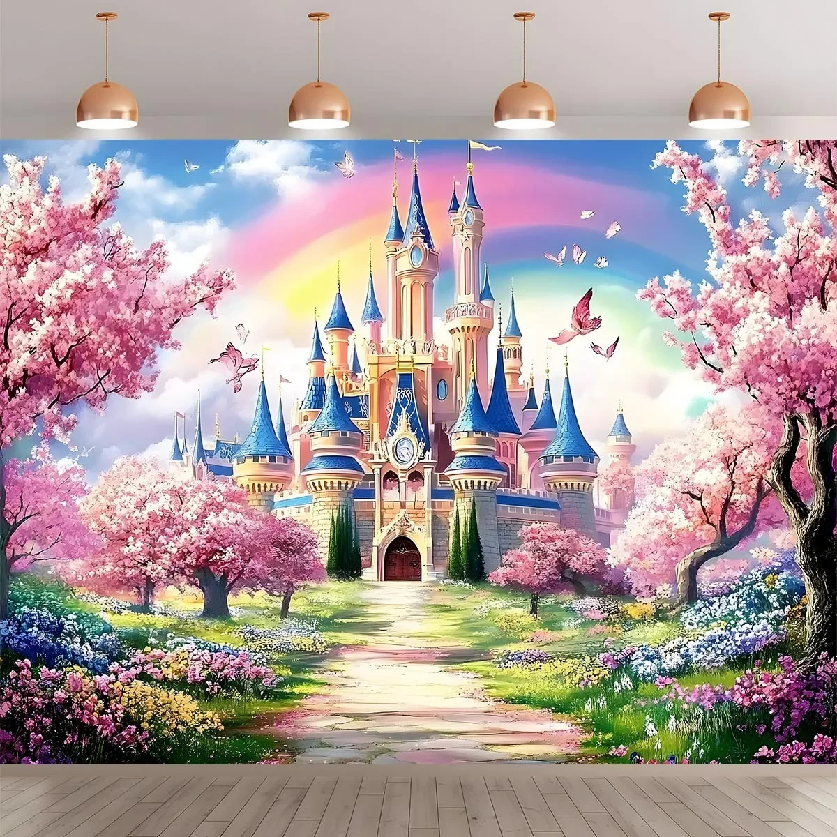 1 Stück – 2D-Flachbanner mit Prinzessinnenschloss aus Polyester – für Raum-, Schlafzimmer-, Büro- und Geburtstags-Hintergrunddekoration (wsj – Detail 1
