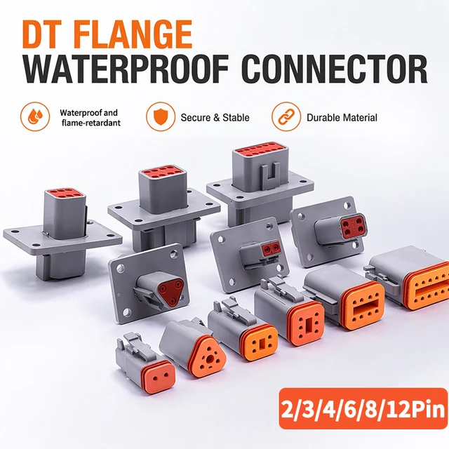 High Quality  Waterproof  DT Series Fixed Flange Plug Connector Kit 2/3/4/6/8/12Pin Male/Female for Truck Bus Wiring 22-16AWG 1