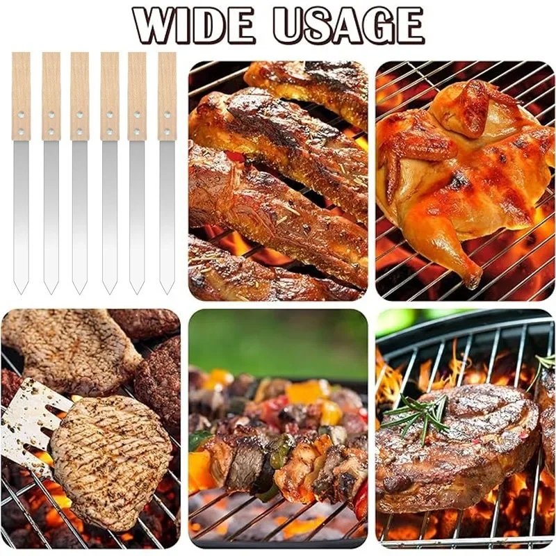 Kabab Koobideh Skewers 2.3cm Wide Flat Stainless Steel Grilling BBQ Skewer Reusable Barbecue Skewers Flat Stick with Wood Handle 2