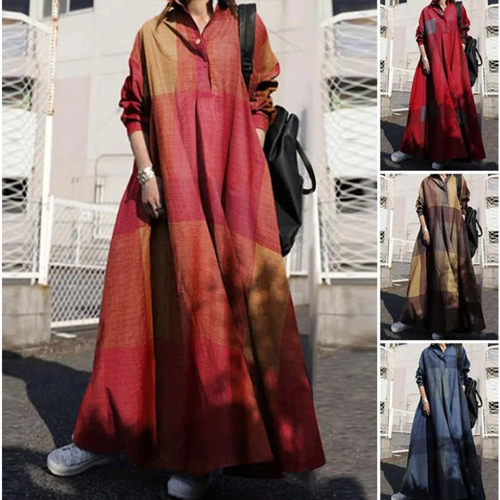 

Cotton Women Dresses Ethnic Style Vintage Print Big Large Button Turn down collar Loose Long Dress Female Clothing