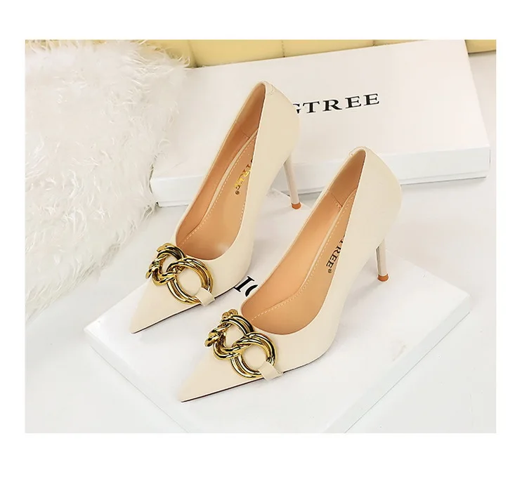 Women 7.5cm 9.5cm High Heels Escarpins Pumps Lady Metal Chain Low Heels Fetish Nightclub Slim Fit Party Green Office Prom Shoes