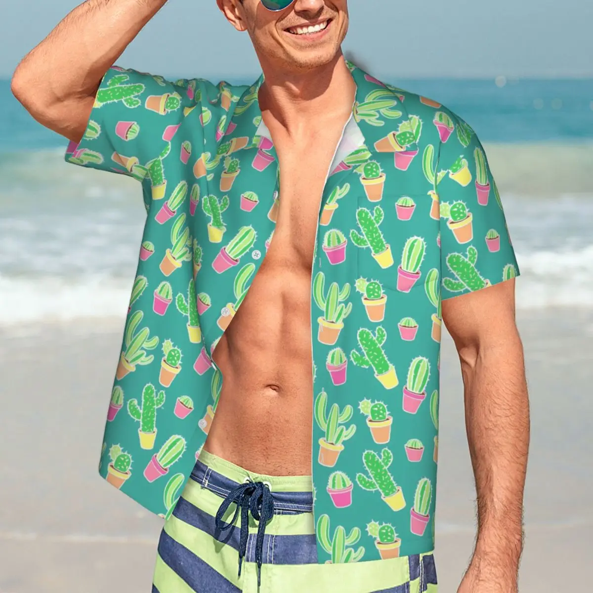 

Neon Cactus Vacation Shirt Man Cute Plants Print Casual Shirts Hawaiian Short-Sleeved Custom Vintage Oversized Blouses Gift