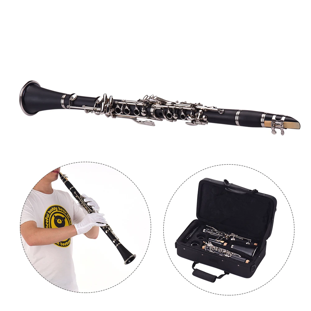 ABS 17-Key Clarinet Bb Flat with Carry Case Gloves Cleaning Cloth Mini Screwdriver Reed Case 10pcs Reeds Woodwind Instrument