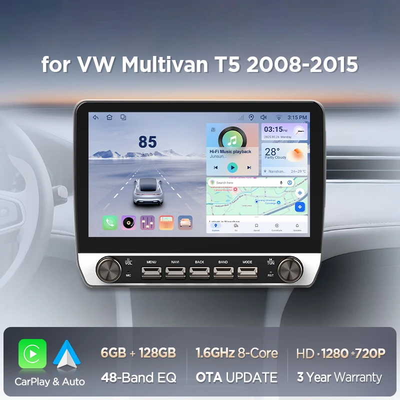 10,1" Autoradio für VW Multivan T5 2003-2015, kabelloses CarPlay, Android Auto, Head Unit, IPS-Touchscreen mit physischen Tasten, DSP, GPS-Navigation, RDS, BT, SWC, Plug-and-Play, 2DIN-Multimedia-Player mit zwei physischen Drehreglern.