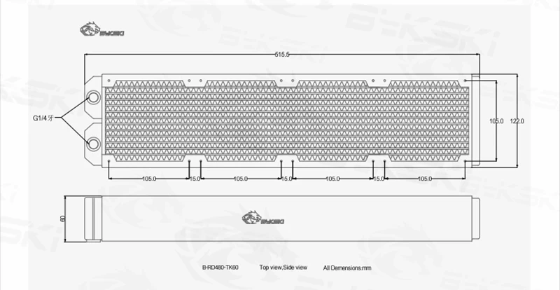 Bykski Radiador da Pia de Calor 60 mm de Espessura 480 mm Cobre Computador Descarga de Água para 4*12cm Ventilador Raidator Ventiladores e resfriadores - Imagem 6