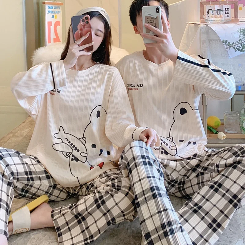 Dinosaur Cartoon Sleepwear Cotton Pajamas Couple Long Sleeves Pyjamas Suit Pijama Women Men Loungewear Plus Size Pjs Home Clothe pajama sets