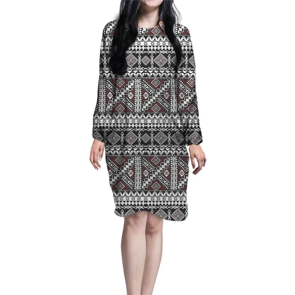 

Loose Pocket Sleepwear Nightdress Polynesian Tribal Samoa Fiji Tonga Print Nightgown Women Autumn Long Sleeve Knee-length