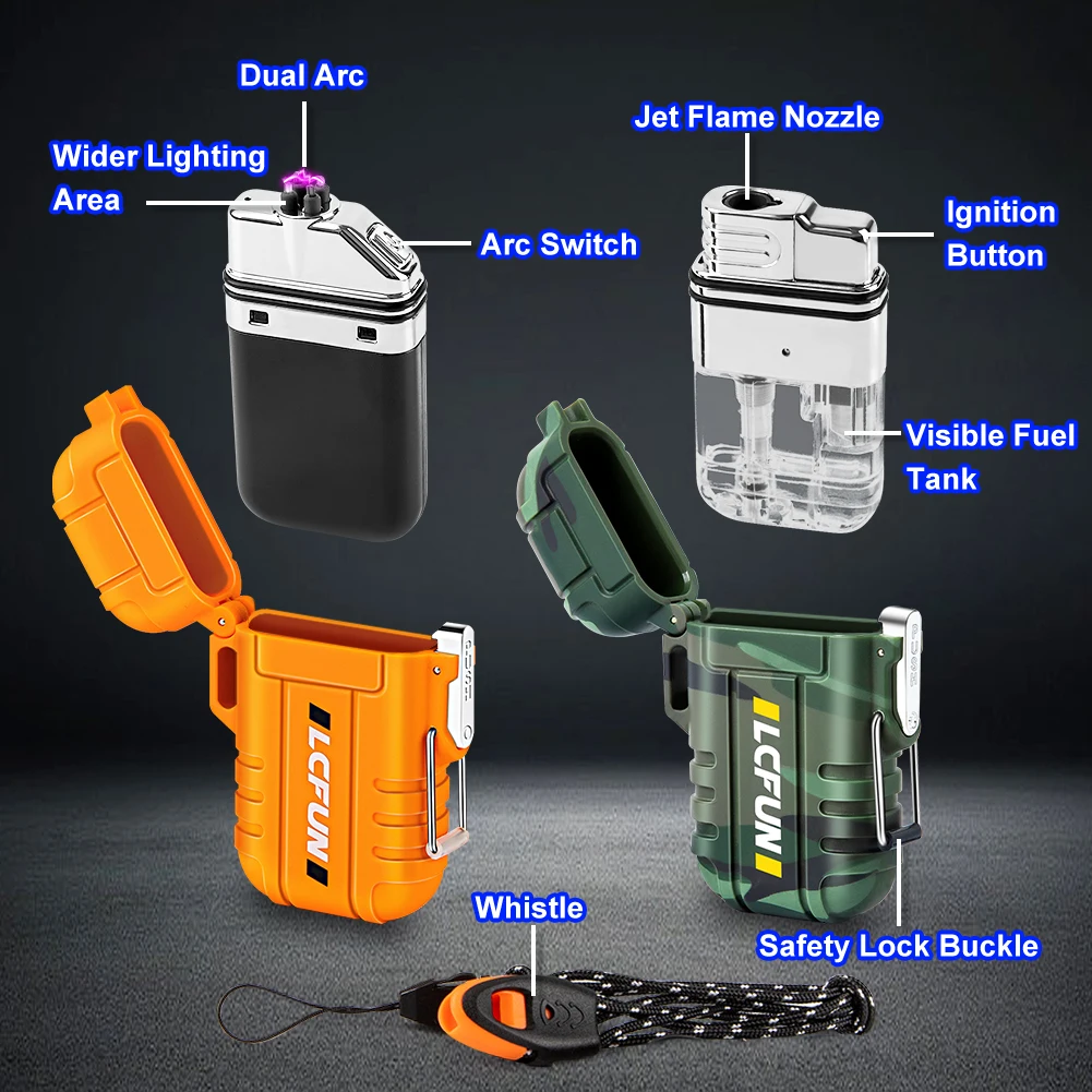 Waterproof Lighter 2 Pack Windproof Torch Lighter Butane Refillable Electric Dual Arc Lighter USB Rechargeable