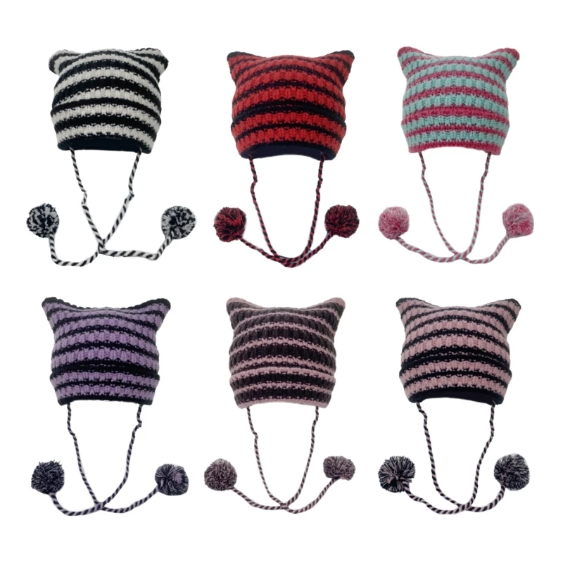 

Adult Teens Cat Ear Shape Hat with Dangle Pompoms Soft Winter Warmer Cycling Hat