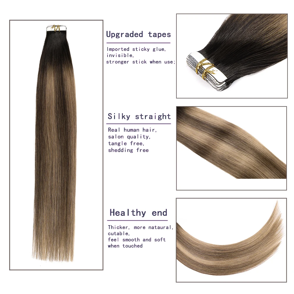 Highlight Brown Hair Tape In Hair Extension 20pcs/Pack Straight 100% Real Hair Tape In Human Hair Extension For Women 12-24 Inch