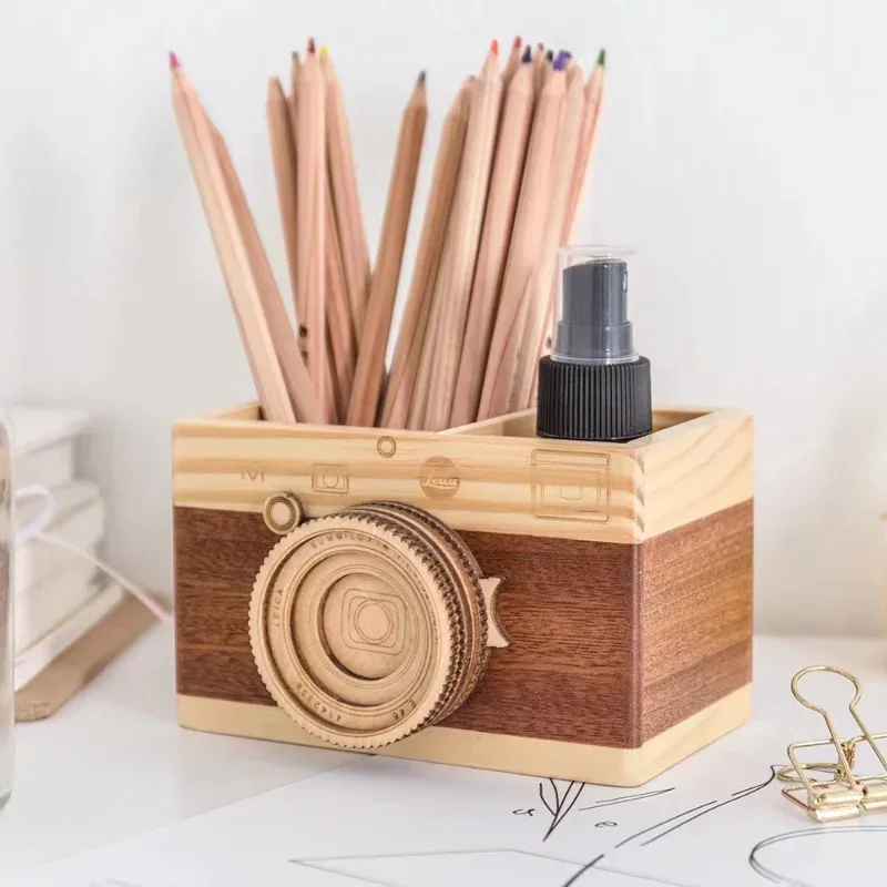 Pencil Holder Camera-shaped Wood for Office