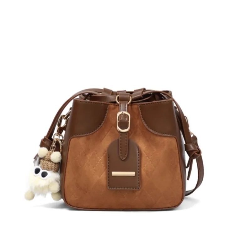 Retro Diamond Lattice Brown Shoulder Bags Women Panel Suede Large Capacity Crossbody Bag Ladies Niche Casual Fashion Bucket Bag