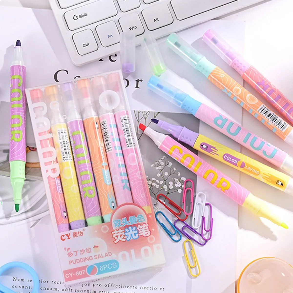 Double-head Color Overlapping Highlighter Pen 6 PCS