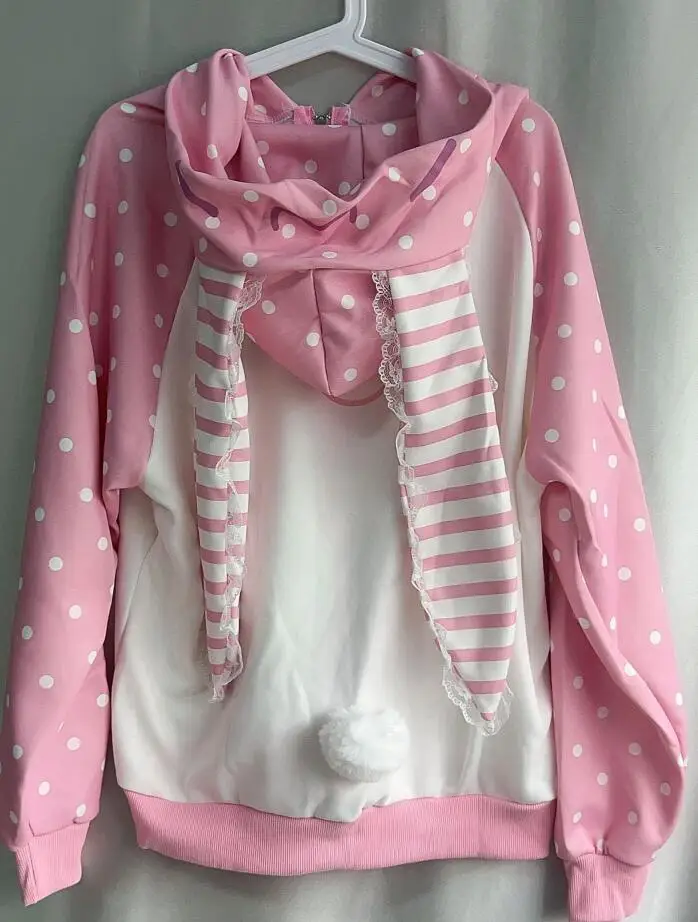 Japanese Kawaii Rabbit's Ears Hoodies Loose Polka Dot Patchwork Women Grunge Hoody Y2k Aesthetic Fairy Strawberry Sweatshirt 6