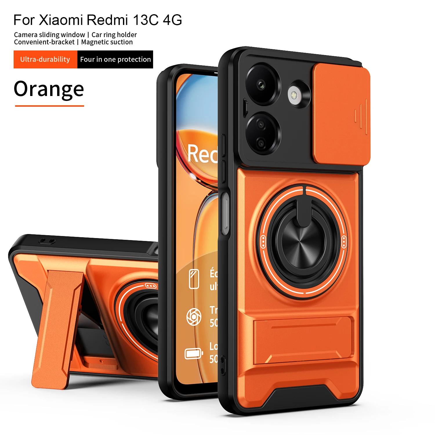 Armor Shockproof Phone Case with Sliding Camera Cap and Magnet Ring Kickstand