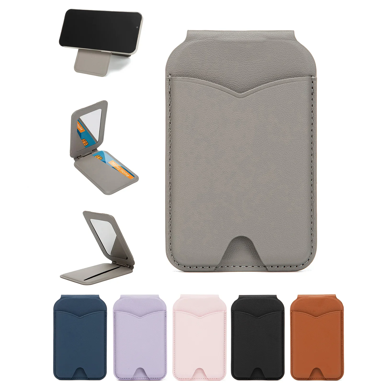 Magnetic Wallet Stand with Mirror and Adjustable Kickstand - PU Leather Card Holder & Phone Holder