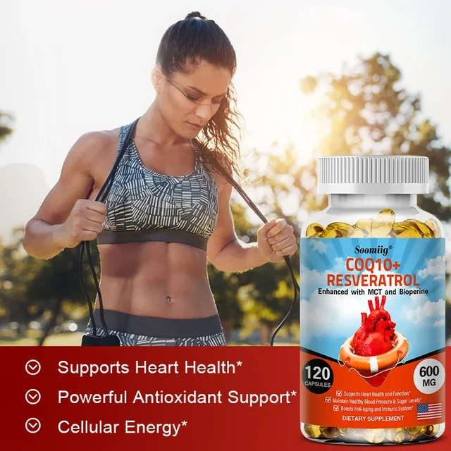 Soomiig 120 Capsules CoQ10 + Resveratrol Capsules Supplement, Support Energy, Vitamins, Heart Health and Blood Pressure Levels