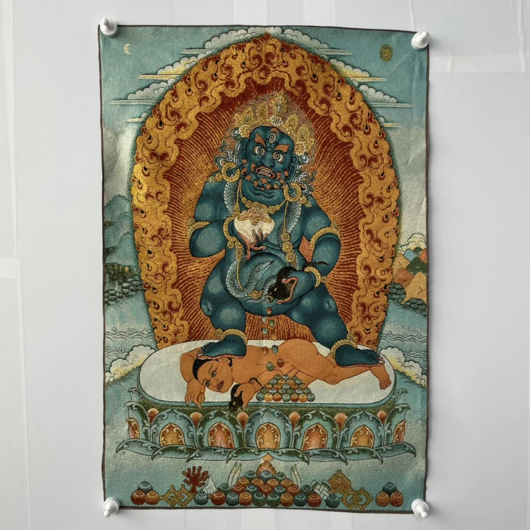 

35"Thangka Embroidery Tibetan Buddhism silk Embroidery Black Jambhala Buddha Thangka hanging screen Worship Hall Town house